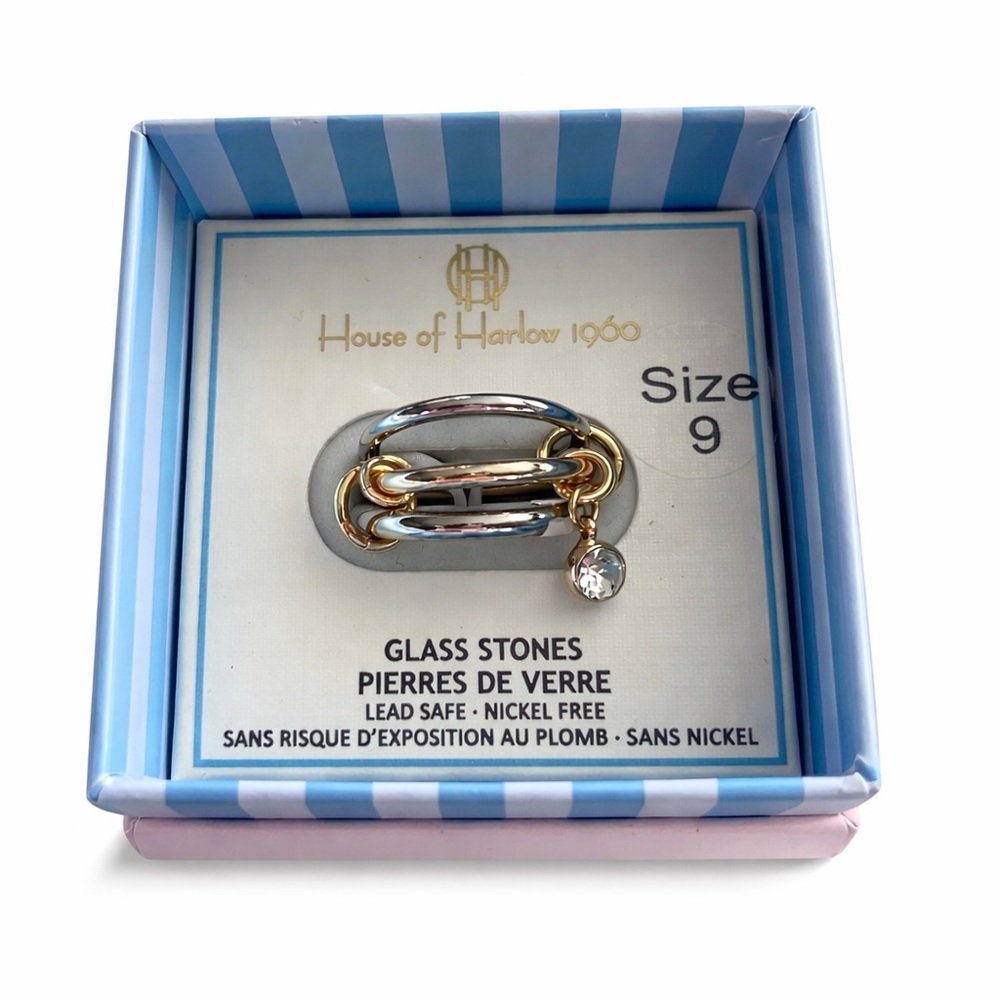 House of Harlow 1960 Two-Tone Gold and Silver Link Ring with Crystal Charm
